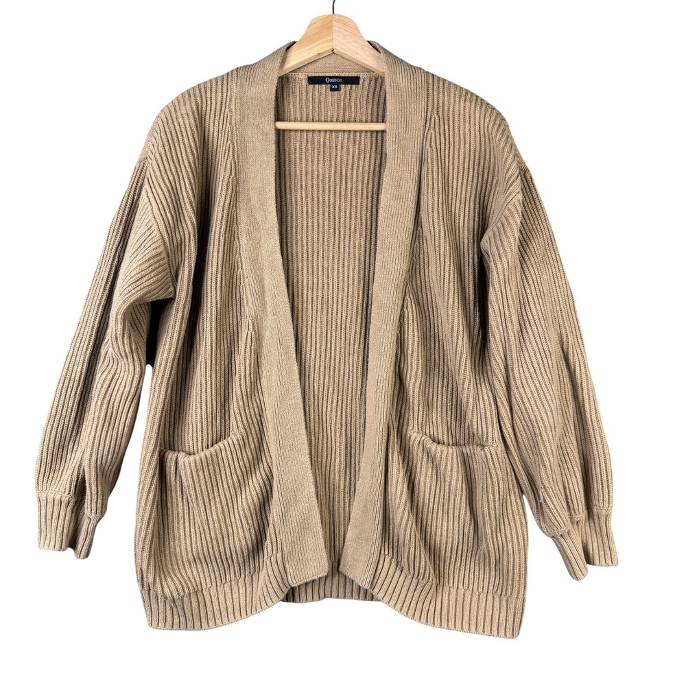 Quince Organic Cotton Fisherman Cardigan Sweater Beige Tan XS Open Front Ribbed